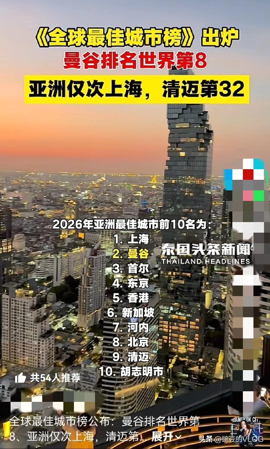 亚洲最佳城市排名：上海稳坐第一，曼谷排名大幅提升位居第二。不过越南河内的名次倒是
