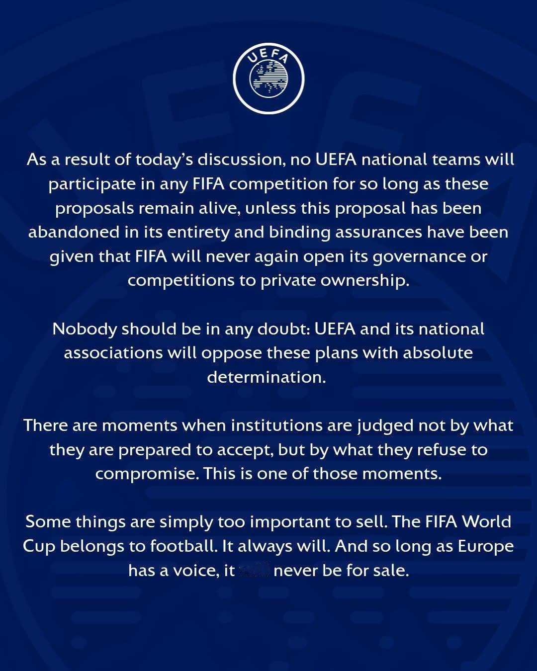 UEFA歐洲足協將會退出世界盃❗由於FIFA計畫將世界盃股權出售，UEFA及其成