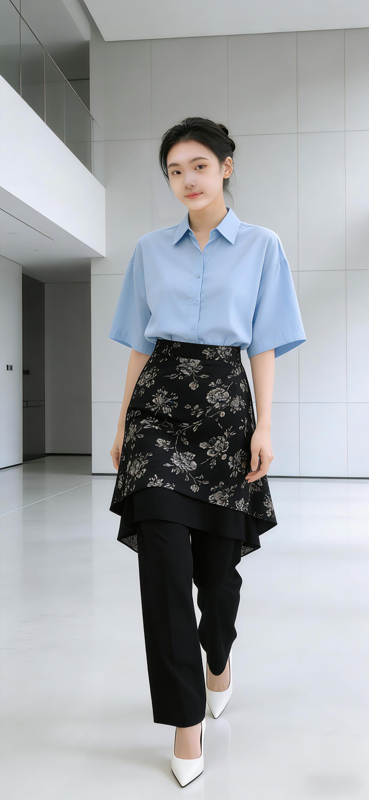 她身着一件浅蓝短袖宽松衬衫，翻领设计简约利落，短袖版型透着随性的通勤感；
下装是