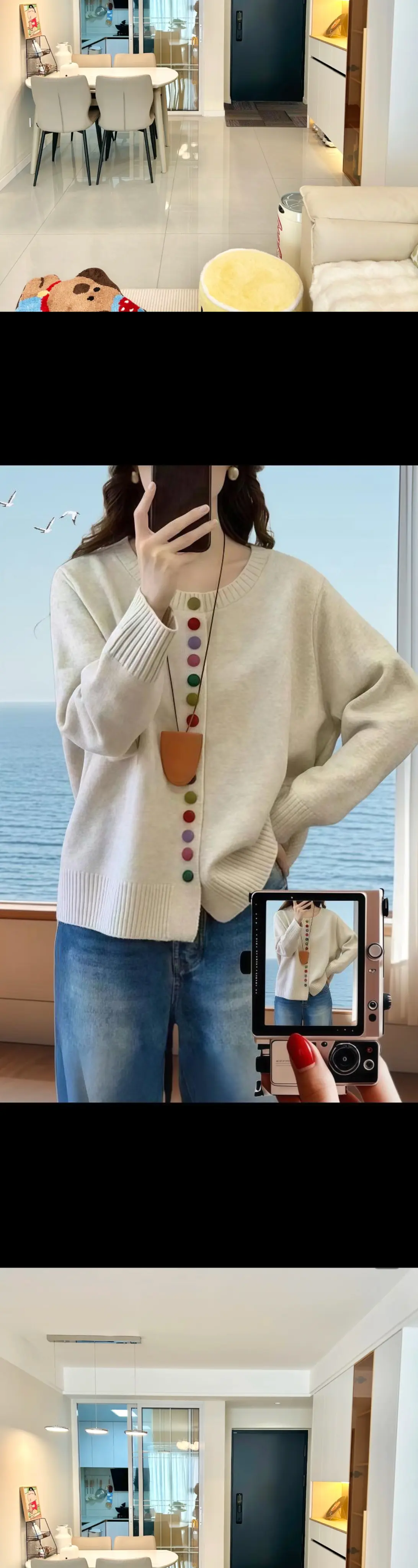 这款宽松彩虹扣针织开衫外套，细腻的面料配上懒散的圆领设计，简直是秋冬季...