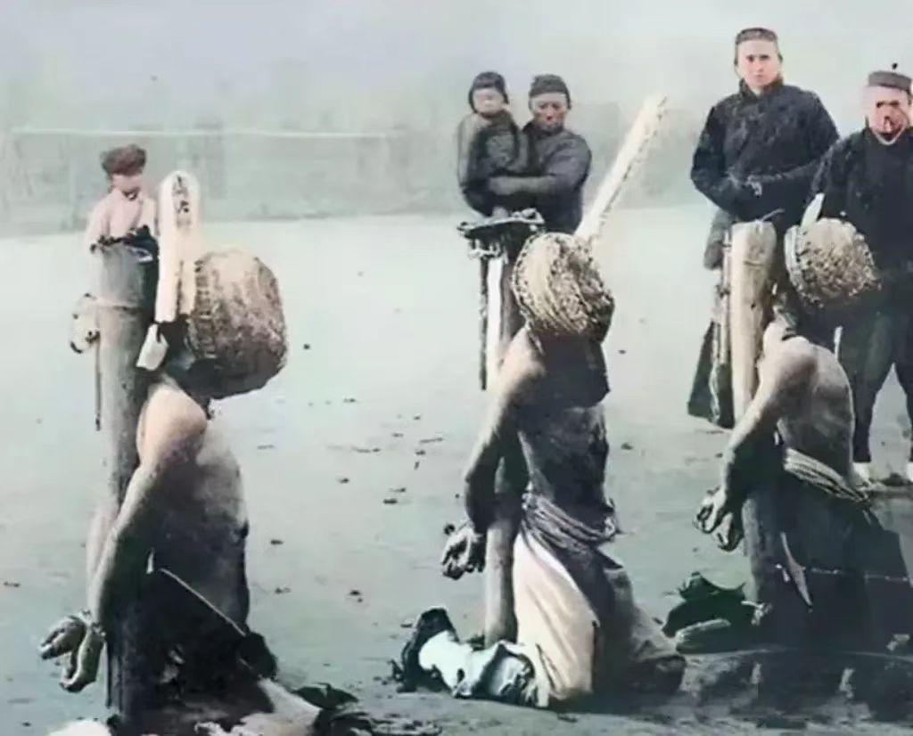 这张老照片记录了清末武昌刑场里令人揪心的一幕。画面里几名囚犯被牢牢捆在粗壮的木桩