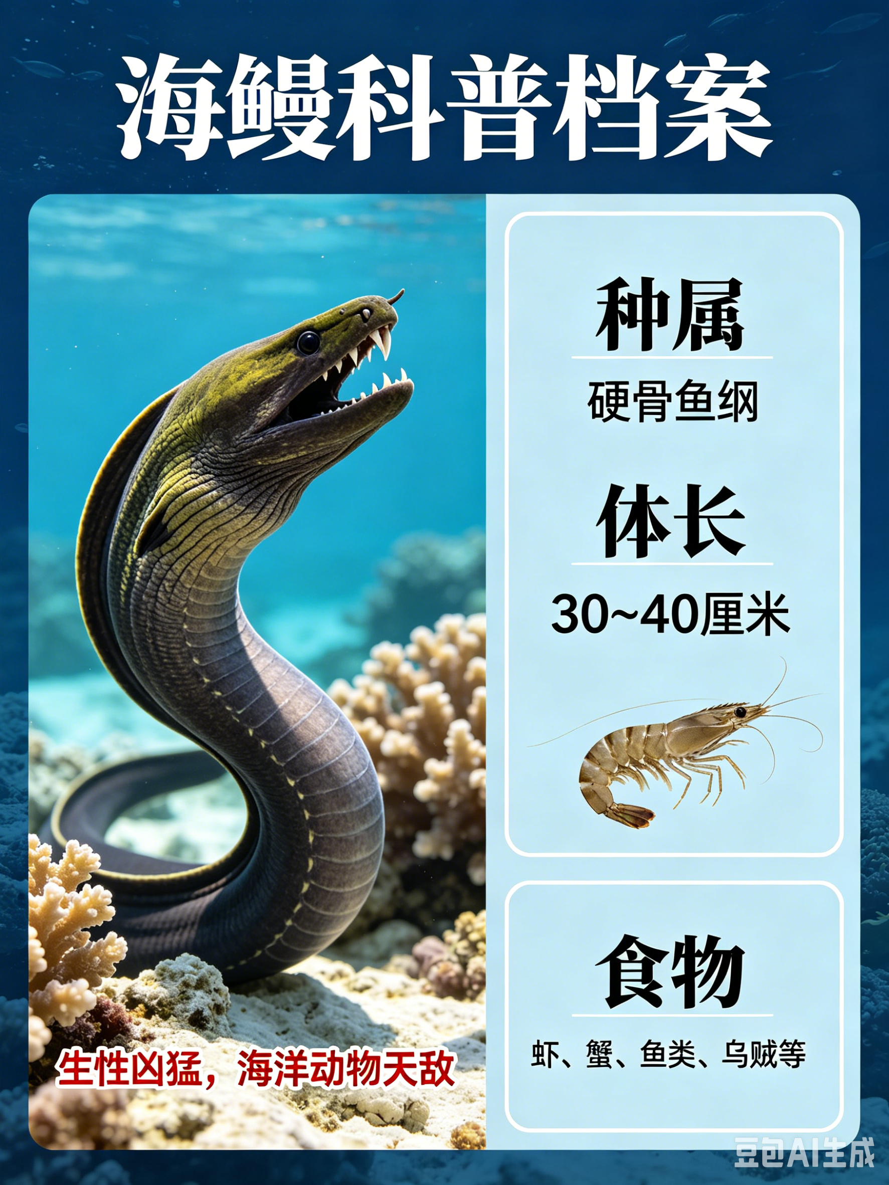 海洋朋友圈 海鳗海洋档案种　属：硬骨鱼纲体　长：30～40厘米食　物：虾、蟹、鱼