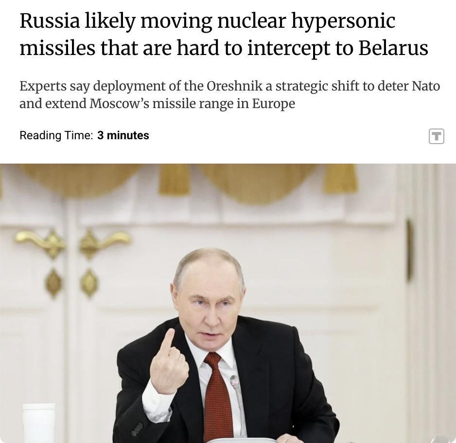 外媒：俄罗斯可能正在将核弹头高超音速导弹部署到白俄罗斯东部的一个前空军基地。这种