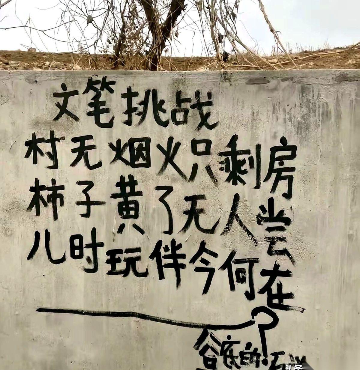 一面斑驳的老墙上，就三行字，看得人心口一紧。
第一句：村无烟火只剩房。
第二句：