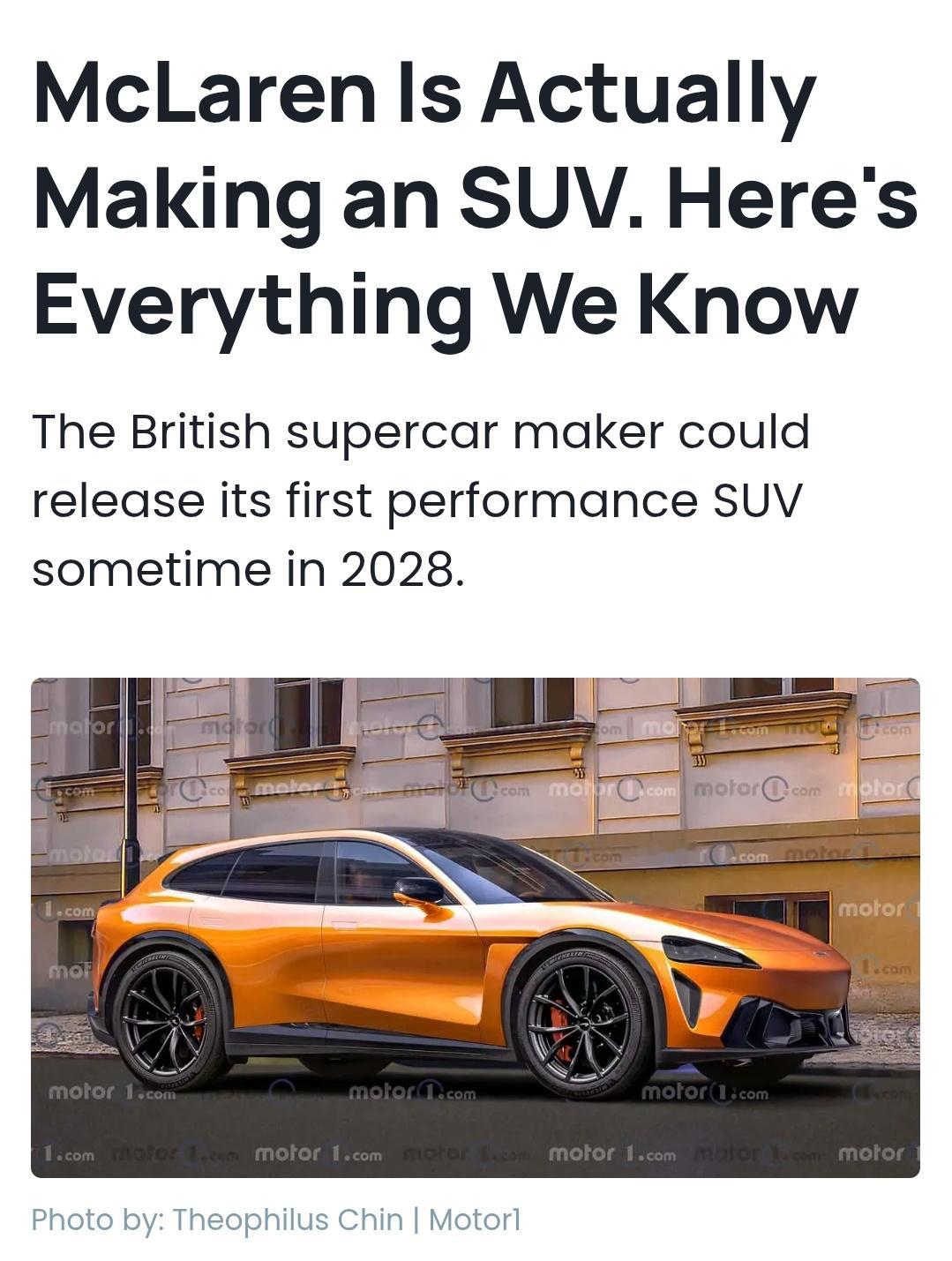 迈凯伦首款SUV 的渲染图，被外媒Motor1爆了出来，并且坐实这个车型的「真实