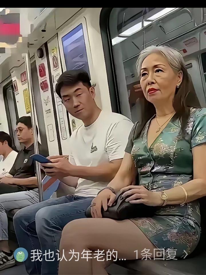 今天坐地铁碰到一位五六十岁的大姐，身上裹着紧身超短裙，胳膊大腿全露在外头，一眼看