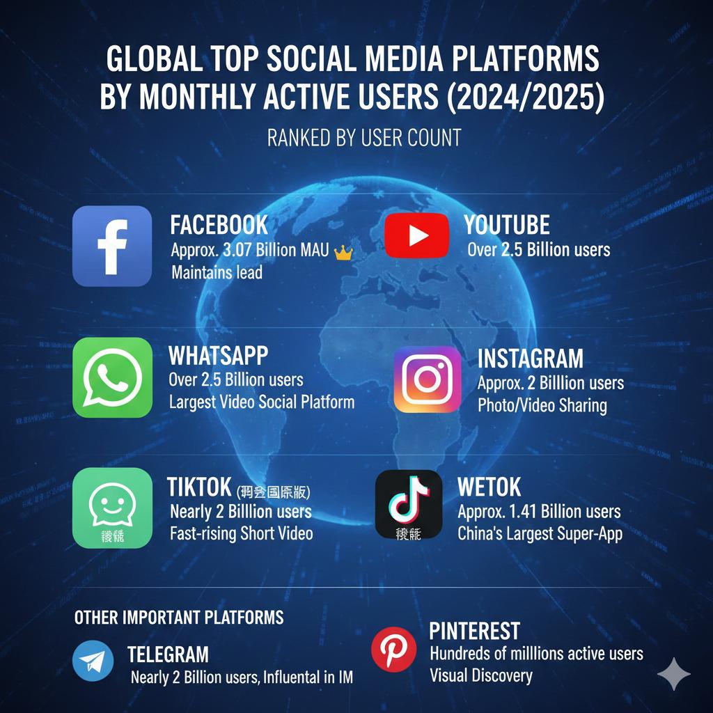 按全球月活跃用户数量排名，Facebook 长期稳居榜首，紧随其后的是 YouT