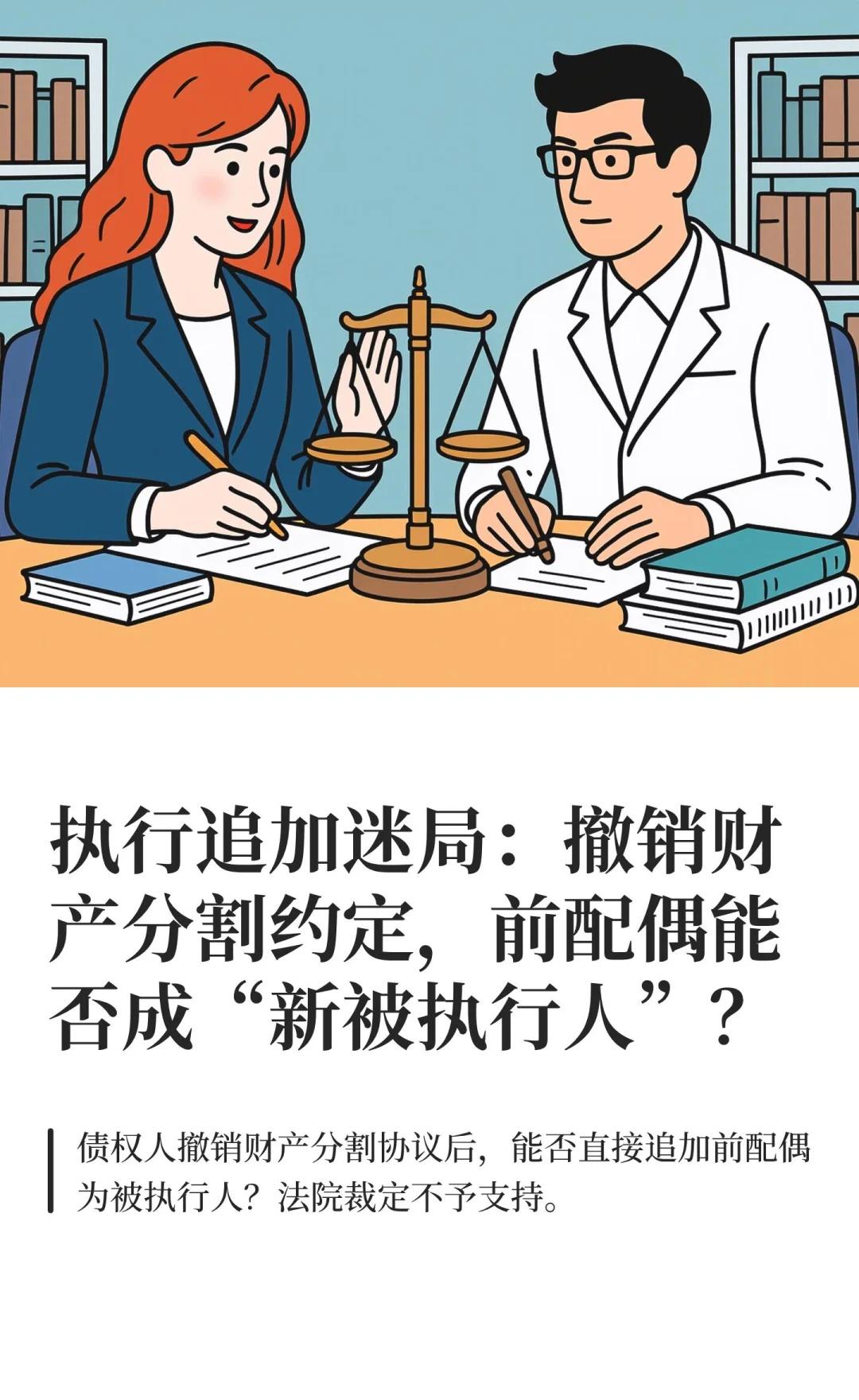 执行追加迷局：撤销财产分割约定，前配偶能
债权人撤销债务人与前配偶离婚协议中财产