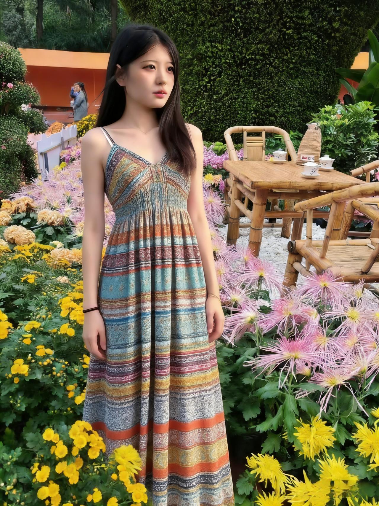 彩条罗裙曳晓风，菊丛深处立芳容。
黄英绕径凝霜白，粉蕊临溪映日红。
竹几陈茶邀客