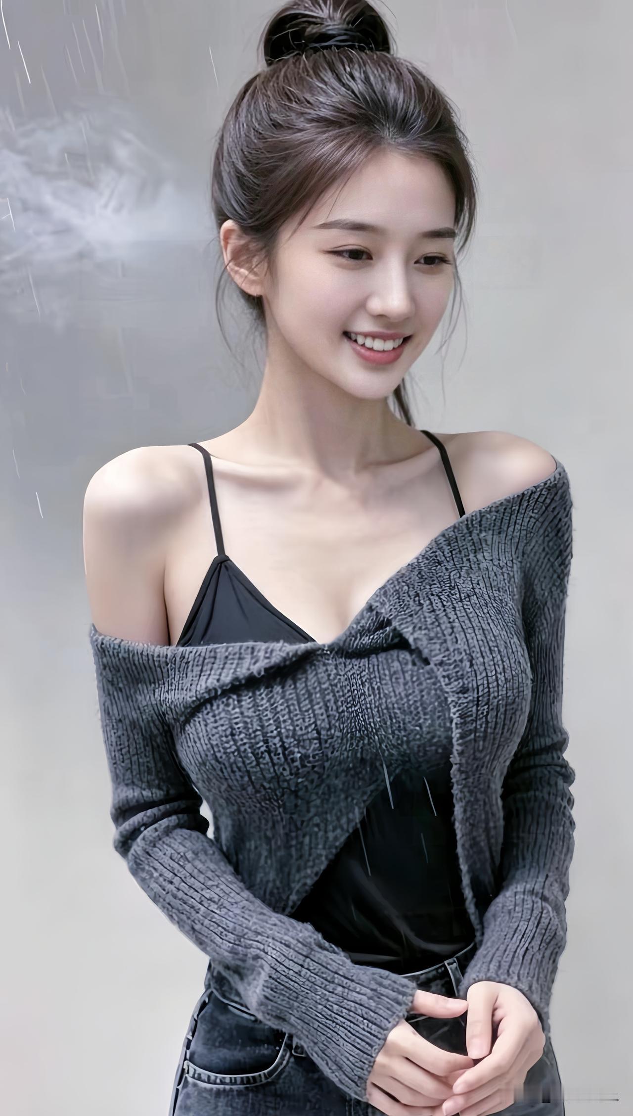 甜美少女风穿搭，灰色毛衣搭配黑色吊带，清新自然，元气满满！🌸💕 分享你的随手