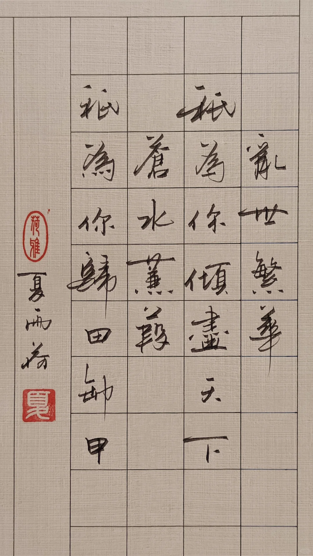 乱世繁华，只为你倾尽天下 苍水蒹葭，只为你归田卸甲。 	 --雨荷手写硬笔