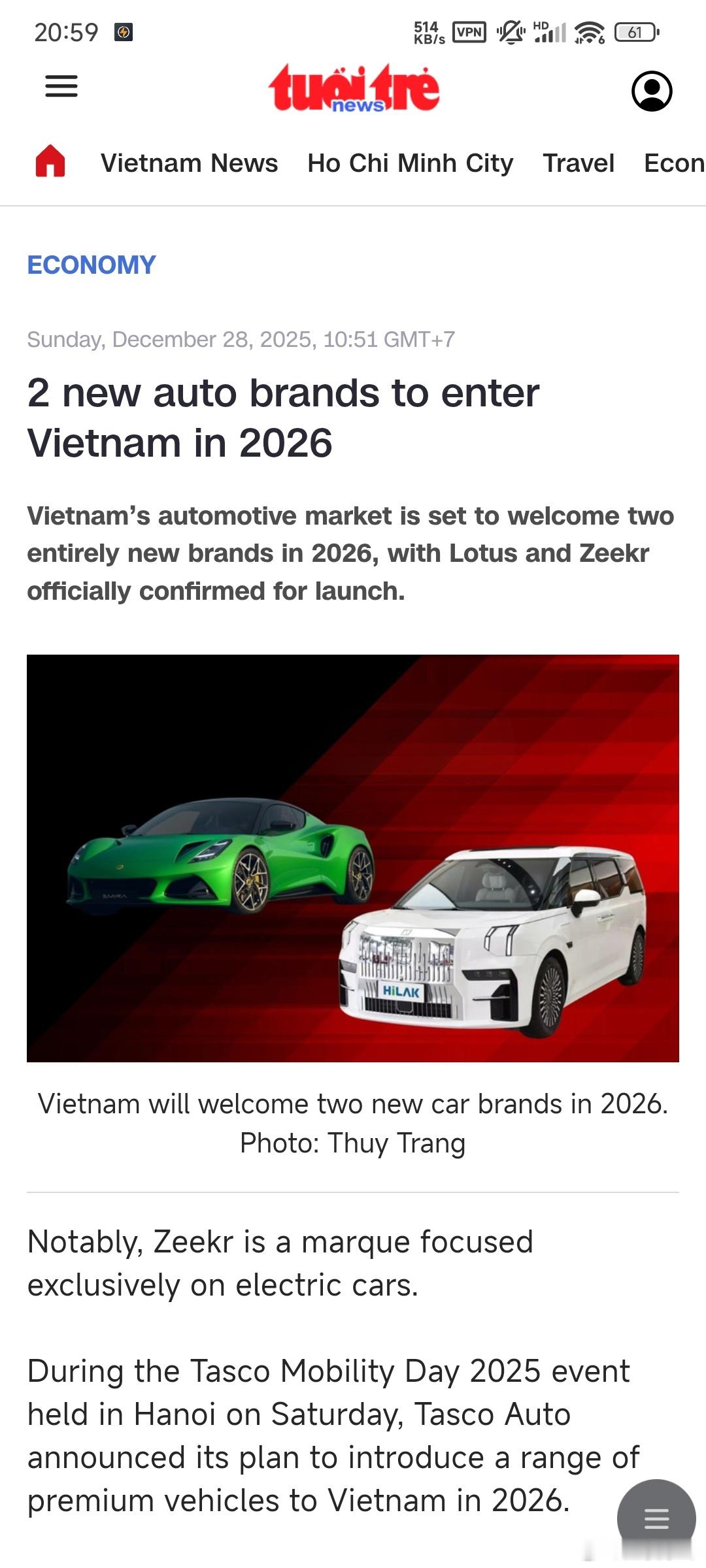 极氪和路特斯明年将进入越南市场，代理商Tasco Auto在周六举行的Tasco