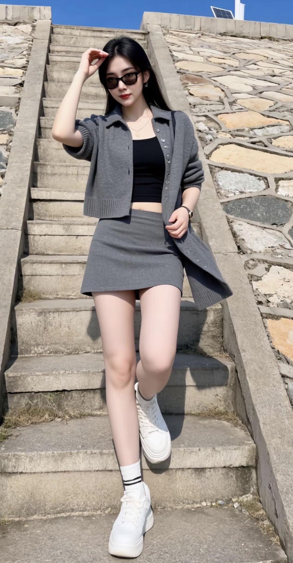 黑白灰的简约风，搭配太阳镜，轻松出街！