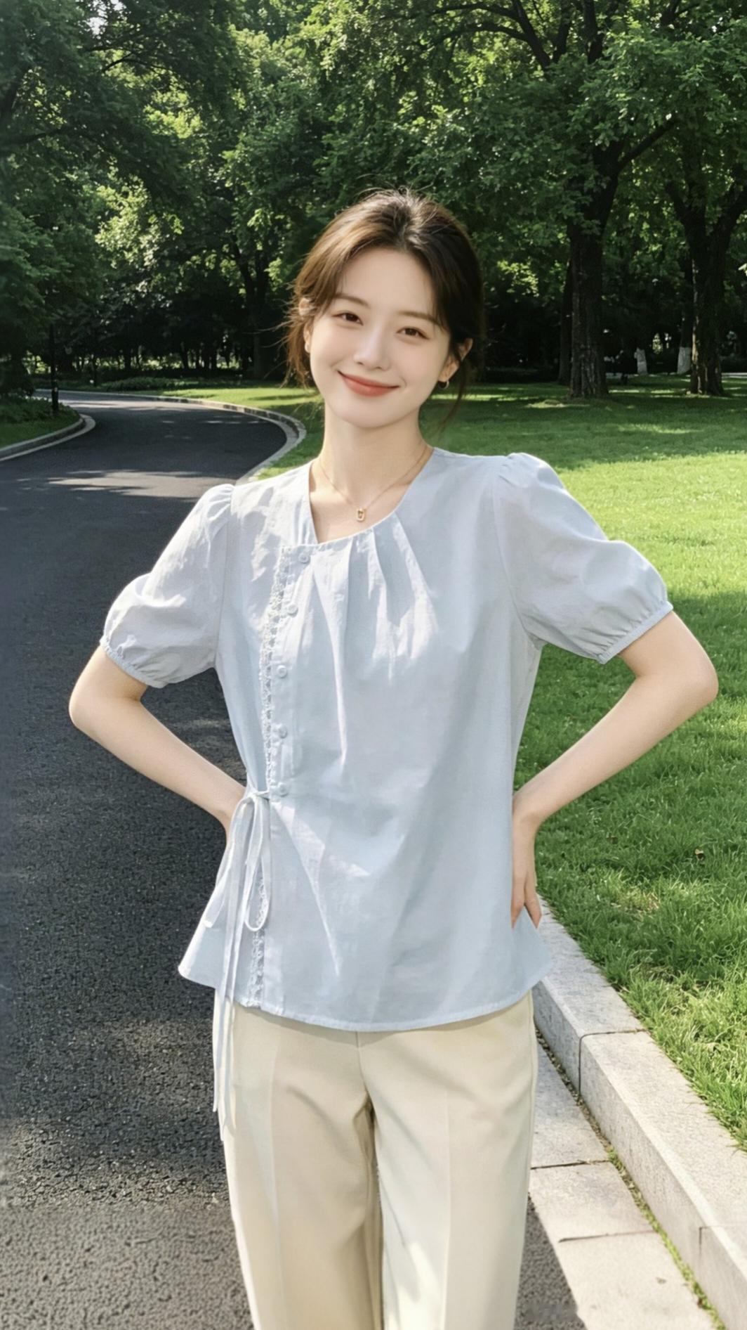 夏日温柔风穿搭 短袖衬衫摆脱路人感穿搭大码显瘦