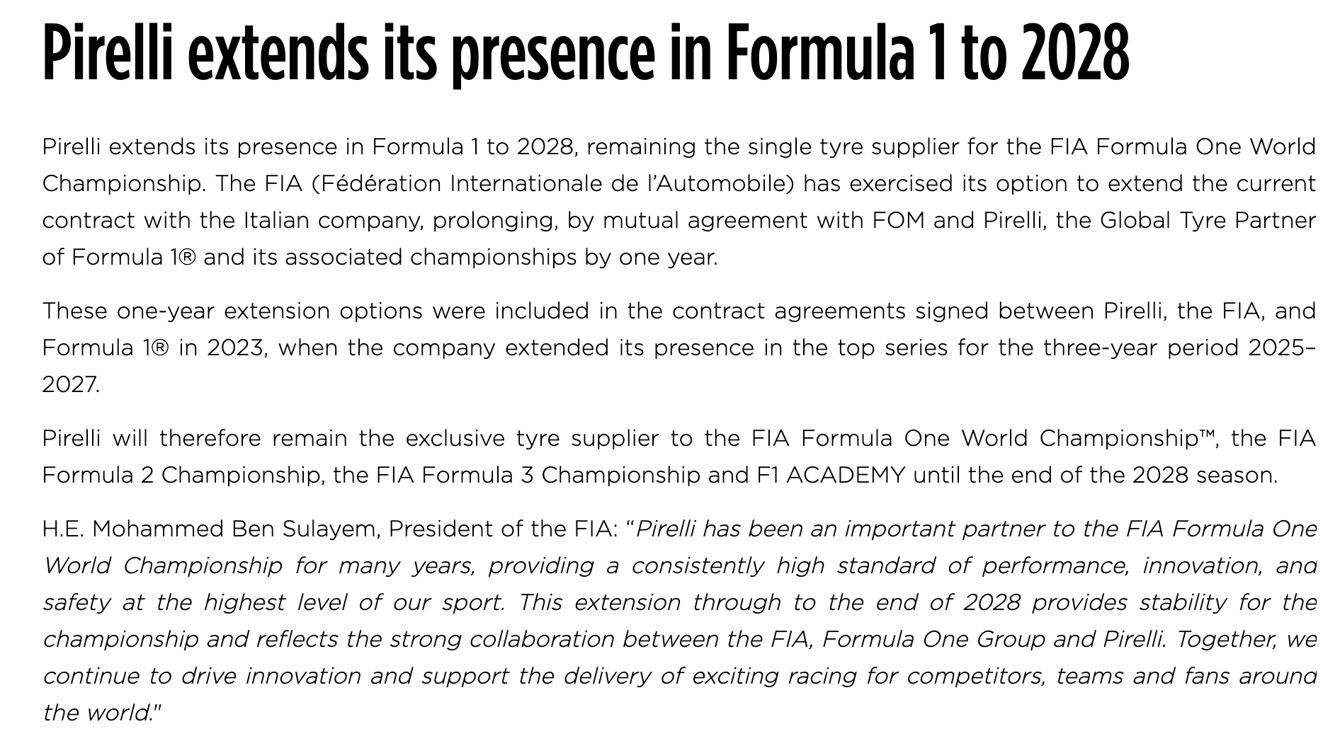 倍耐力官宣和F1合作延长至2028赛季！同时也将继续作为F2，F3和F1学院的独