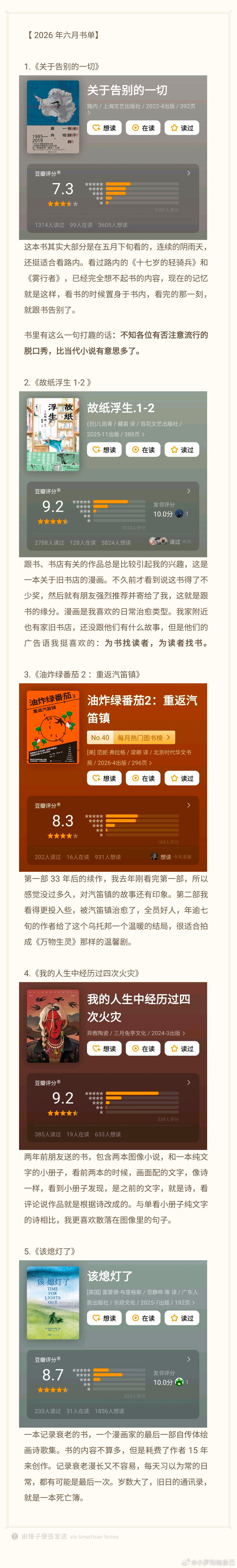 六月的书单。 