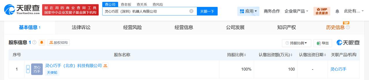 注册资本100万
天眼查App显示，近日，灵心巧匠（深圳）机器人有限公司成立，法