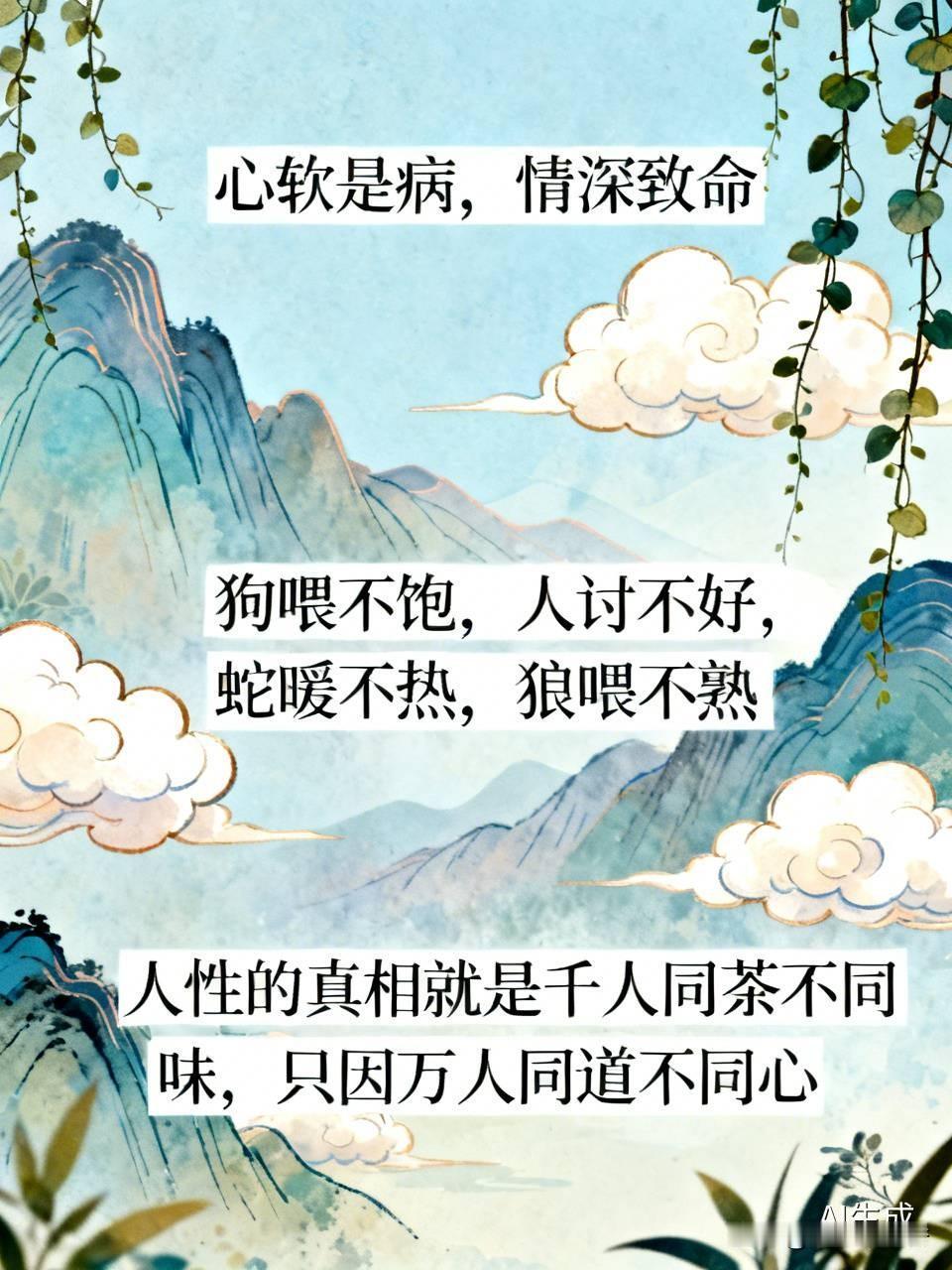 心软是病，情深致命
 
彦语曰：狗喂不饱，人讨不好，蛇暖不热，狼喂不熟。
心软是