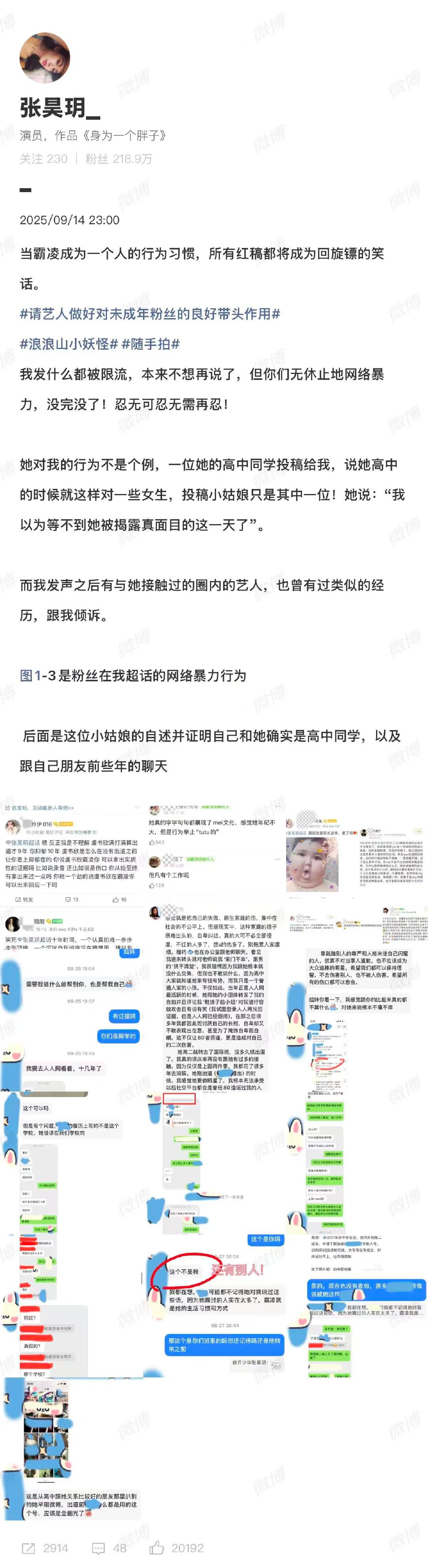 张昊玥称曾被艺人霸凌演员张昊玥曝遭其他艺人粉丝网暴 9月14日，演员发文并配截图