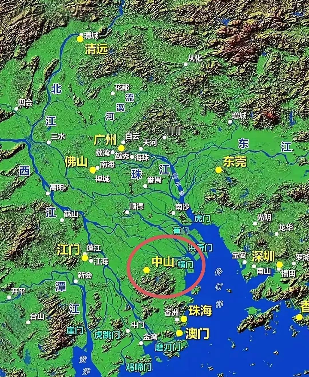 珠江三角洲其实是山的，并不是一望无际的。五桂山正处于图中红圈标注的中山市中南部，