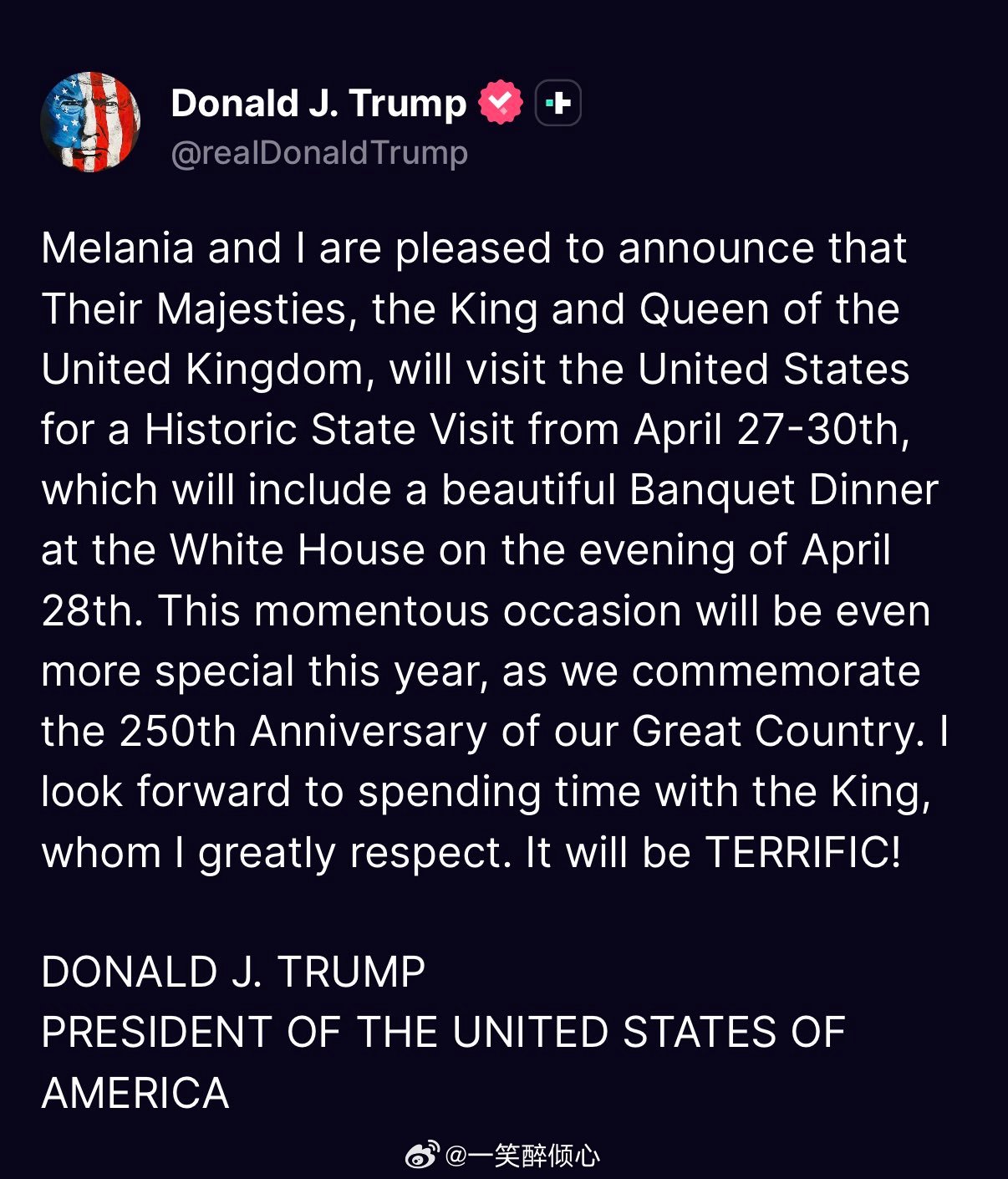 🇺🇸那位宣布查尔斯三世和卡米拉王后对美国的国事访问将会在2026年4月27日