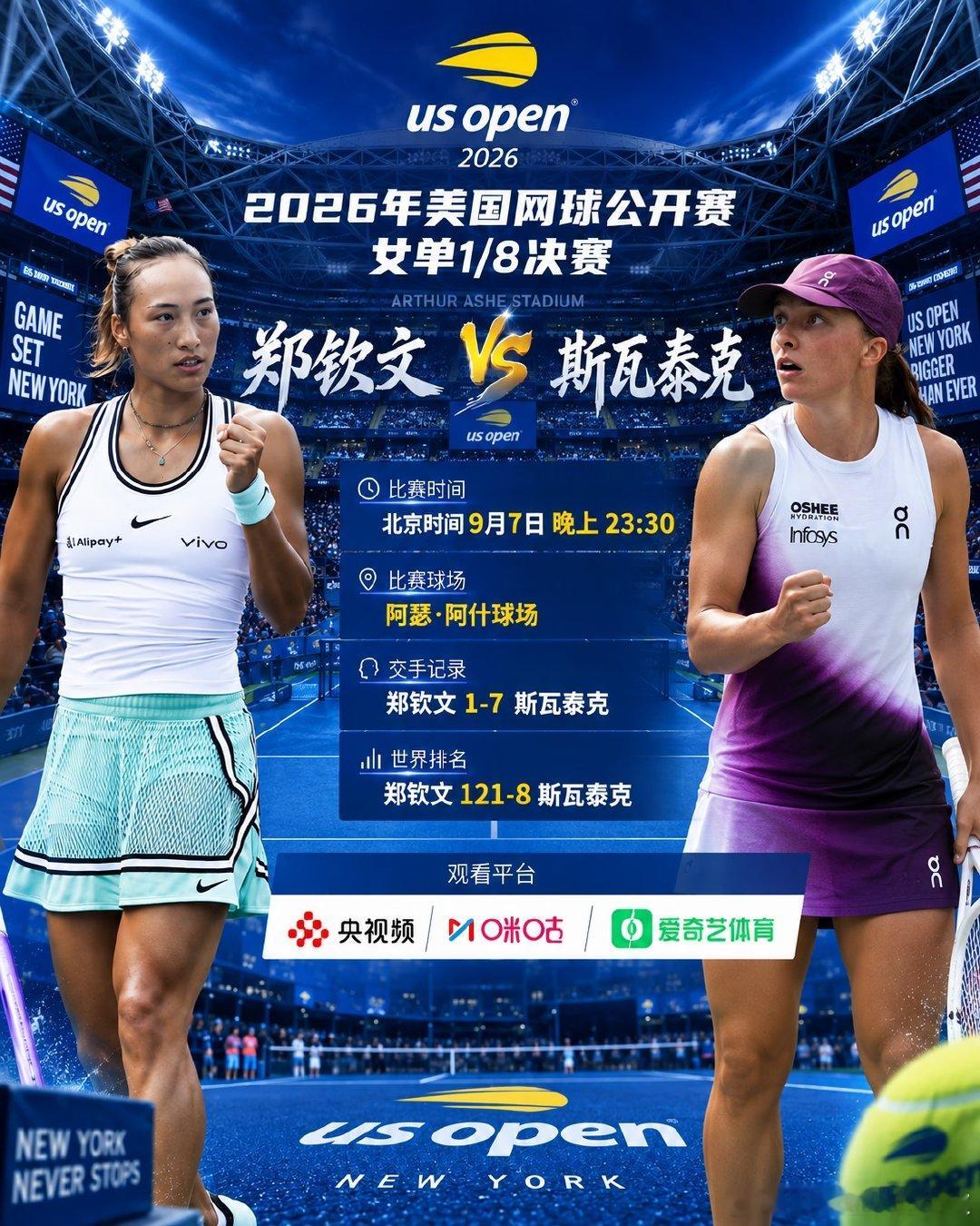 北京时间9月7日晚上23:30，阿瑟·阿什球场将迎来一场焦点战。 郑钦文重返美网
