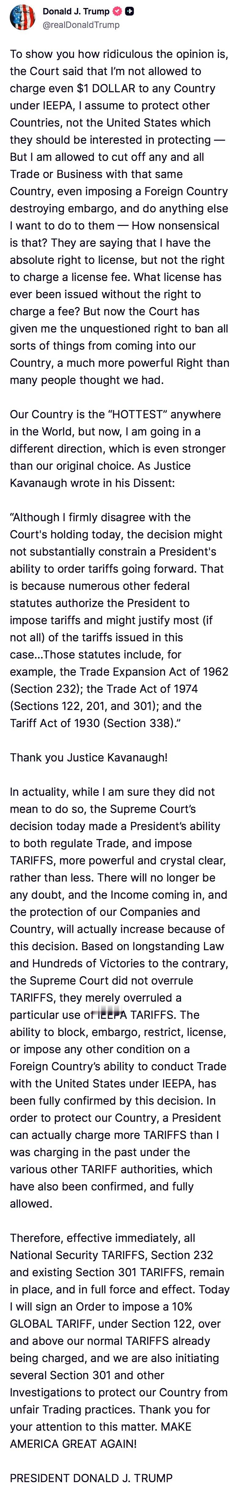 当地时间2月20日，美国最高法院以6比3的表决结果，作出不利于美国政府加征全球关