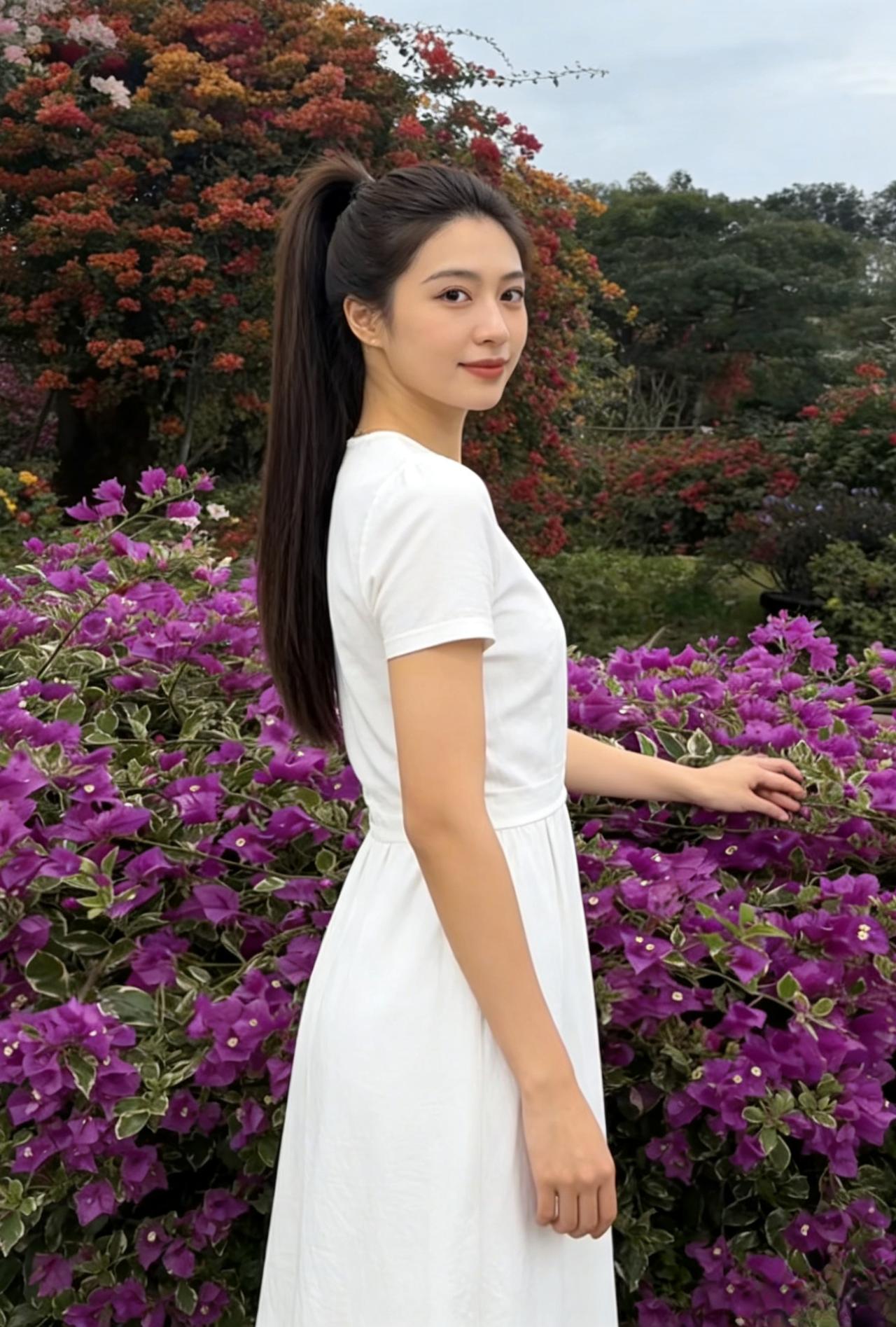 紫艳围身映玉容，青丝垂处惹香风。
回身常使花颜妒，半苑春光一刹空。