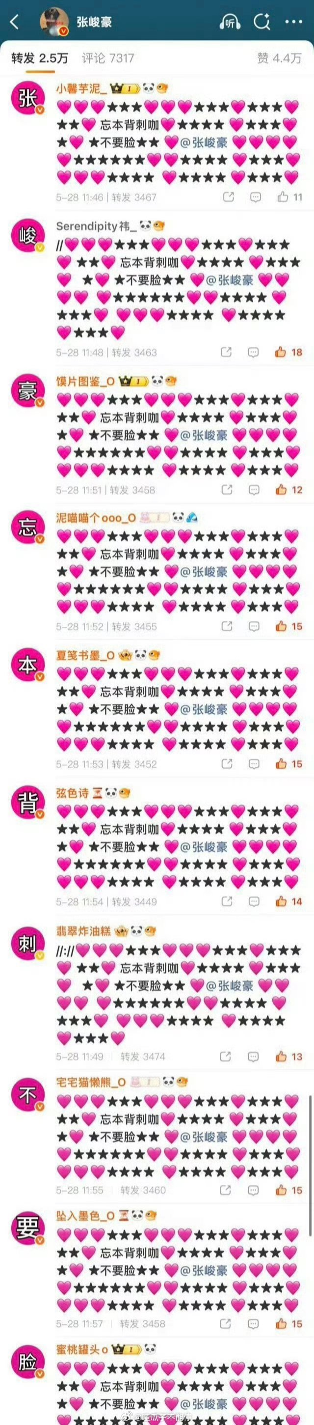 张子墨粉丝在张峻豪转发区排字 