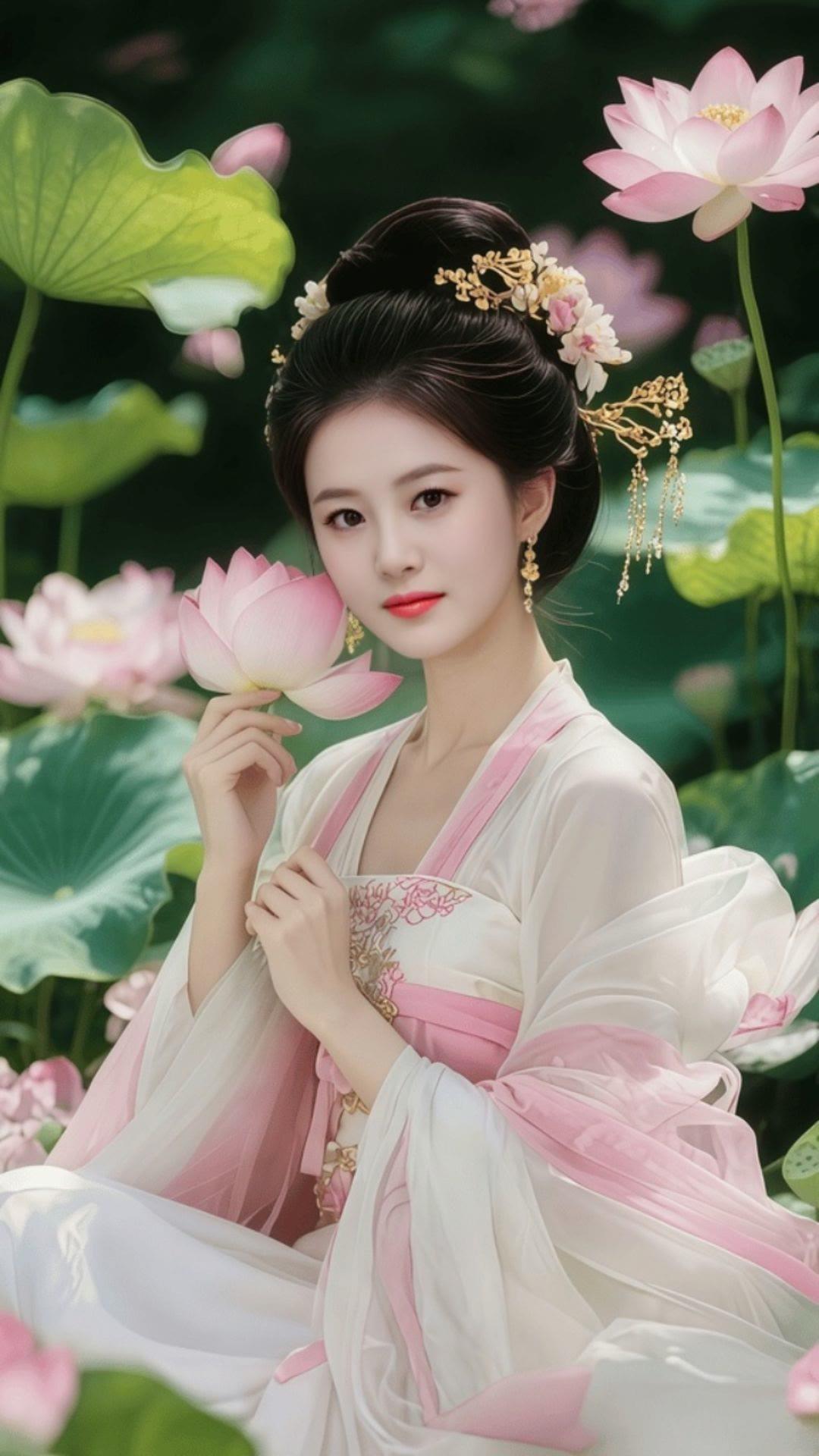 古风少女与莲花共舞，仙气飘飘，美不胜收！
