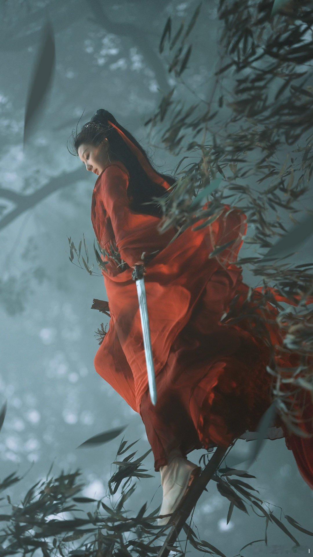 王鹤润红衣好有江湖侠气一剑一竹林，红衣映风骨王鹤润把中式侠女的英气演活了王鹤润竹