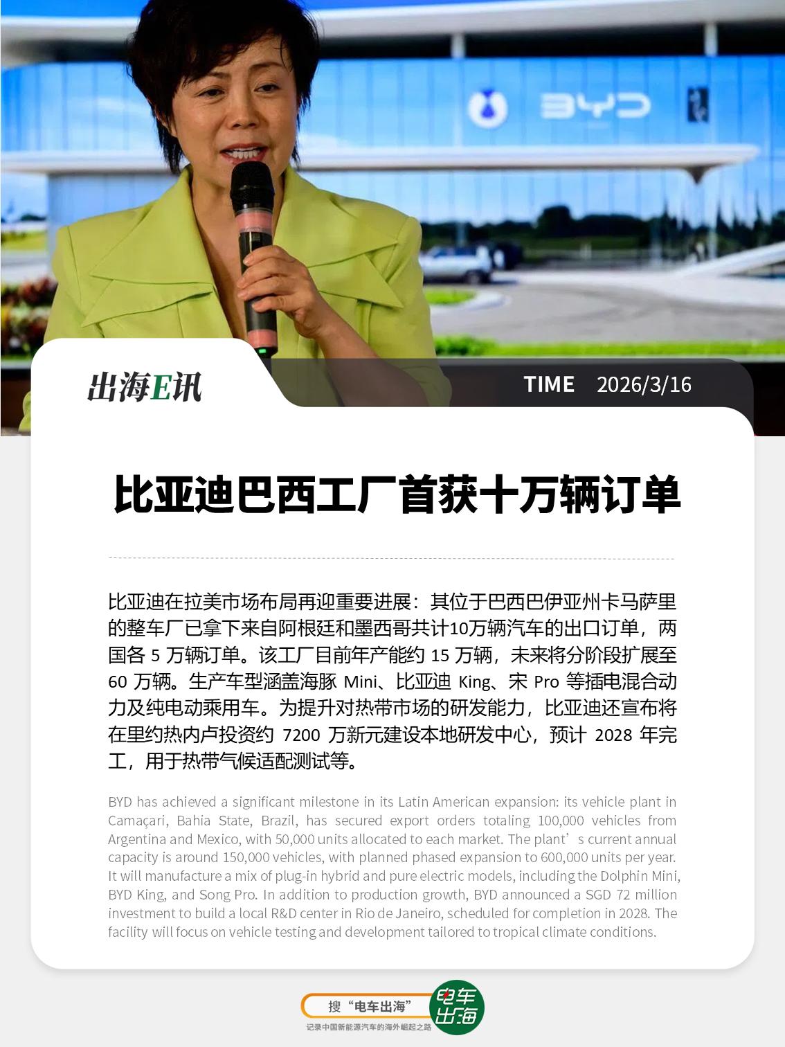 【出海E讯】比亚迪巴西工厂首获十万辆订单
比亚迪在拉美市场布局再迎重要进展：其位