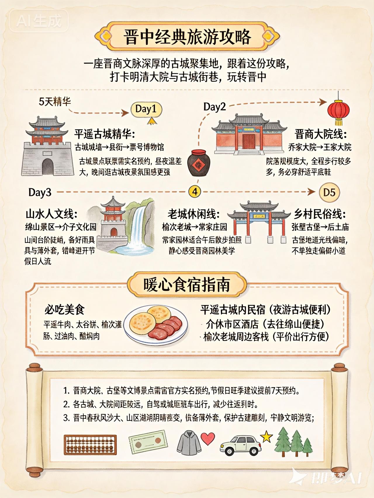 山西的景点都有哪些呢?

山西晋中经典旅游攻略信息图：

Day1 平遥古城精华