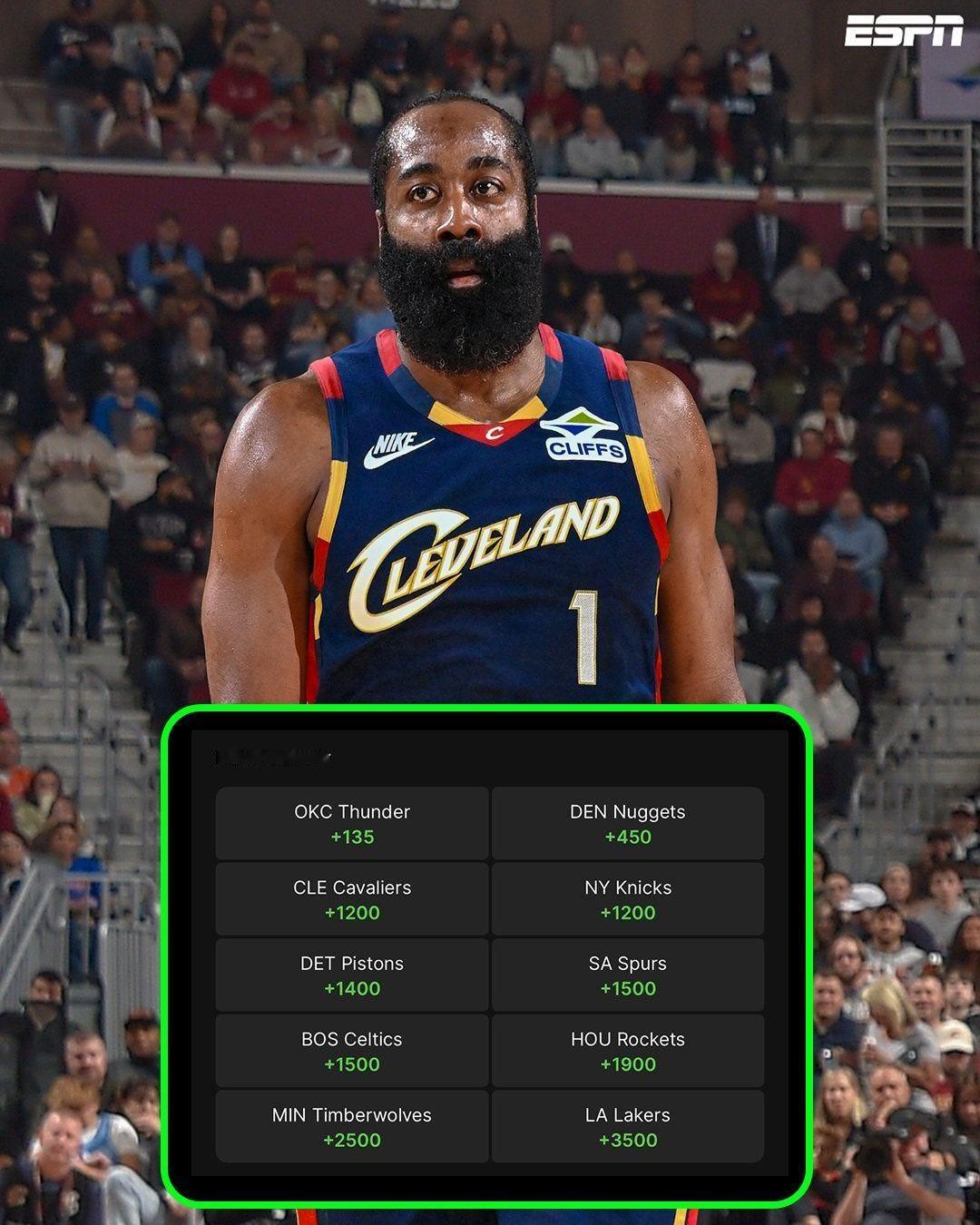 哈登加盟之后，骑士的夺冠赔率直接上升到了T2级别新赛季篮不住NBA
