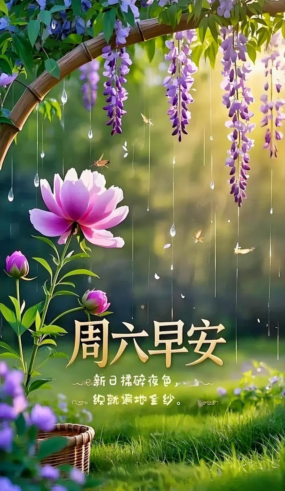 周六早安！新日揉碎夜色，紫藤垂落金纱，花开温柔治愈，每一帧都是生活的小确幸呀。