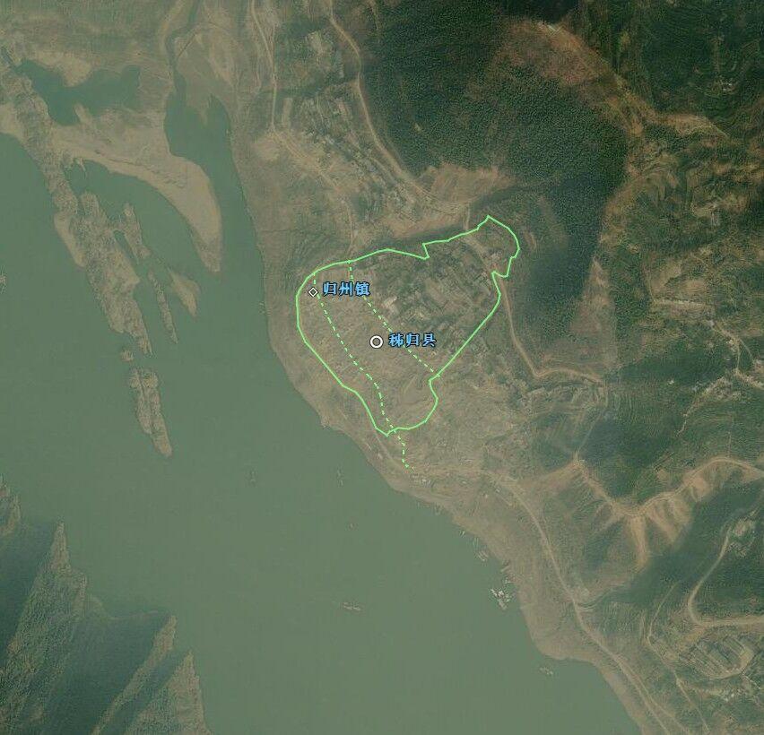 卫星影像图中的湖北省秭归县老城。这里是先秦古归国；西汉始设秭归县，北周-隋代为秭