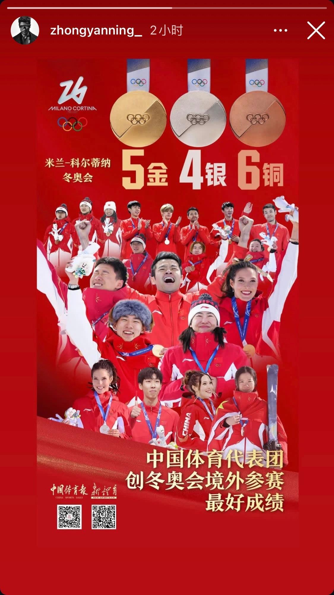中国队创冬奥境外参赛最好成绩宁叔在ins上也发了发的还是带有“中国体育报”标的成