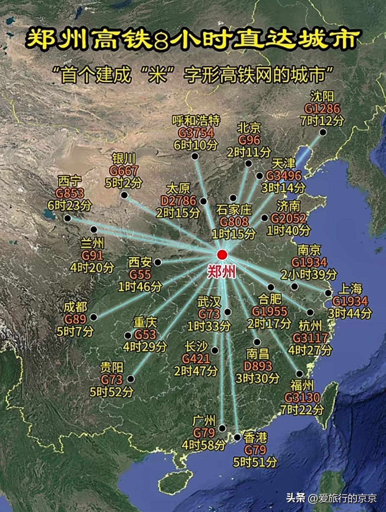 郑州高铁八小时能直达的城市
这可不止是四通八达了，简直都是线路满天雨了，郑州不愧