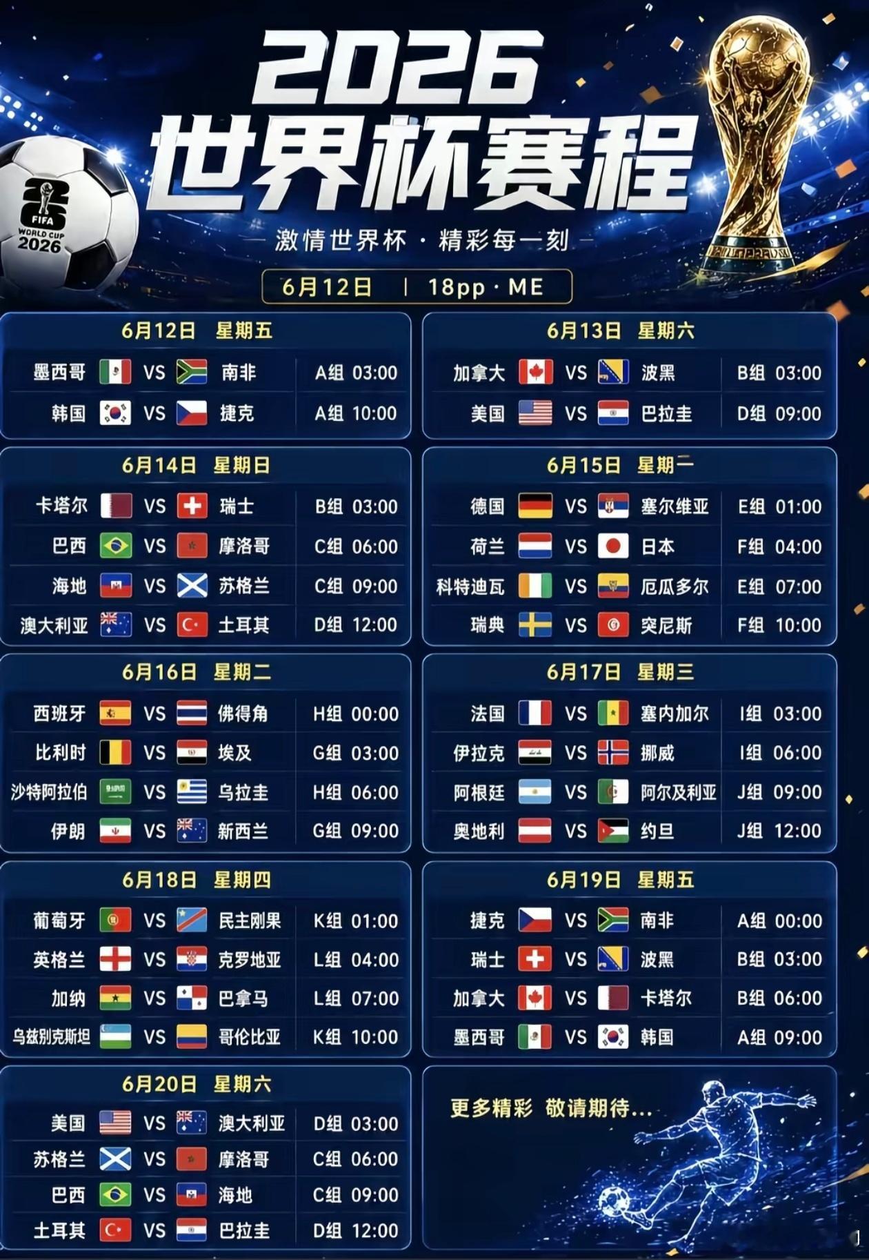 2026世界杯赛程，你打算看哪几场足球？ 