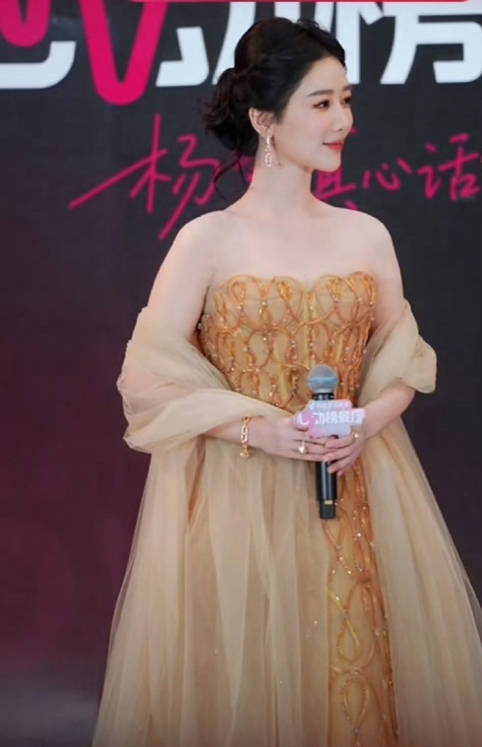 杨紫获奖后首个线下活动杨紫鎏金抹胸长裙 好漂亮！ 