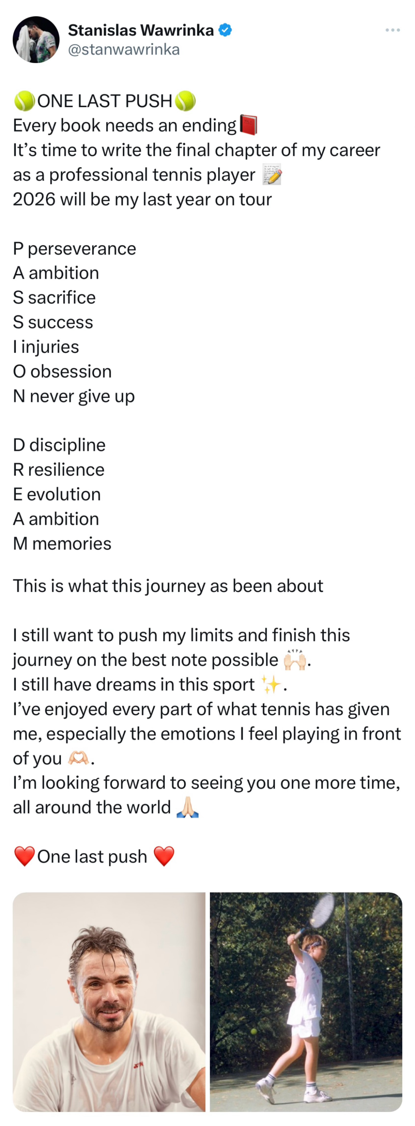 🎾ONE LAST PUSH🎾40岁的瓦林卡宣布2026年将会是自己征战职业