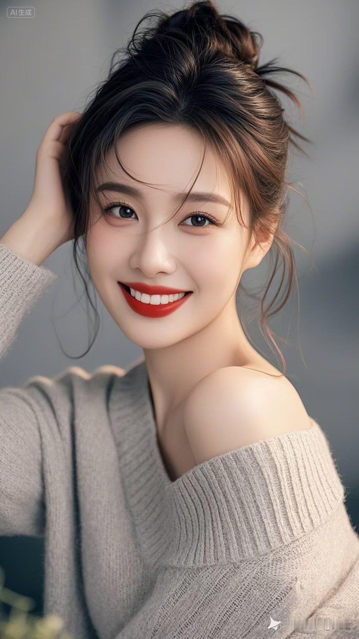 甜美笑容，红唇如花，温柔治愈。一头乌黑秀发，身姿轻盈，浓艳红唇轻启，露出甜美笑容