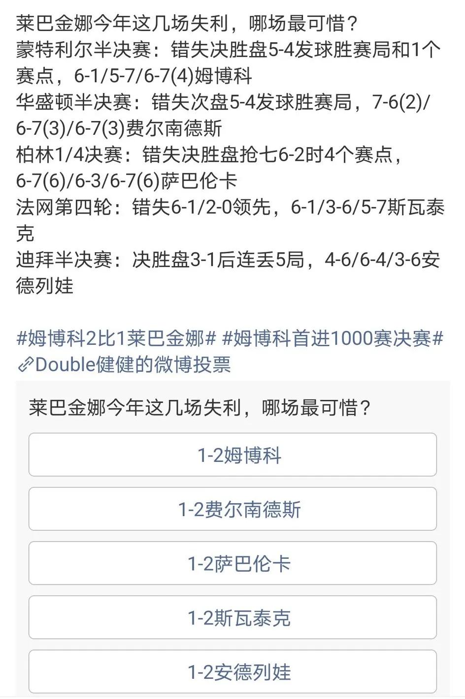 被逆转之王！莱巴金娜这战绩，简直就是网球版的《越狱》，每次都差那么一点点就能逃出