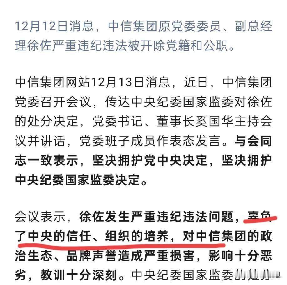 他最辜负了的是人民群众！
中信集团原党委委员、副总经理徐佐严重违纪违法被被开除党