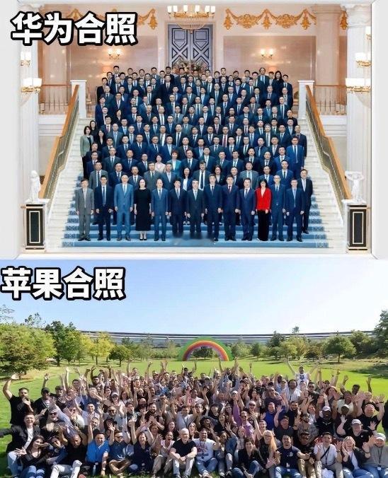 中美合照的差异也凸显了中美文化的差异，一个正襟危坐严肃正经，一个放松自由