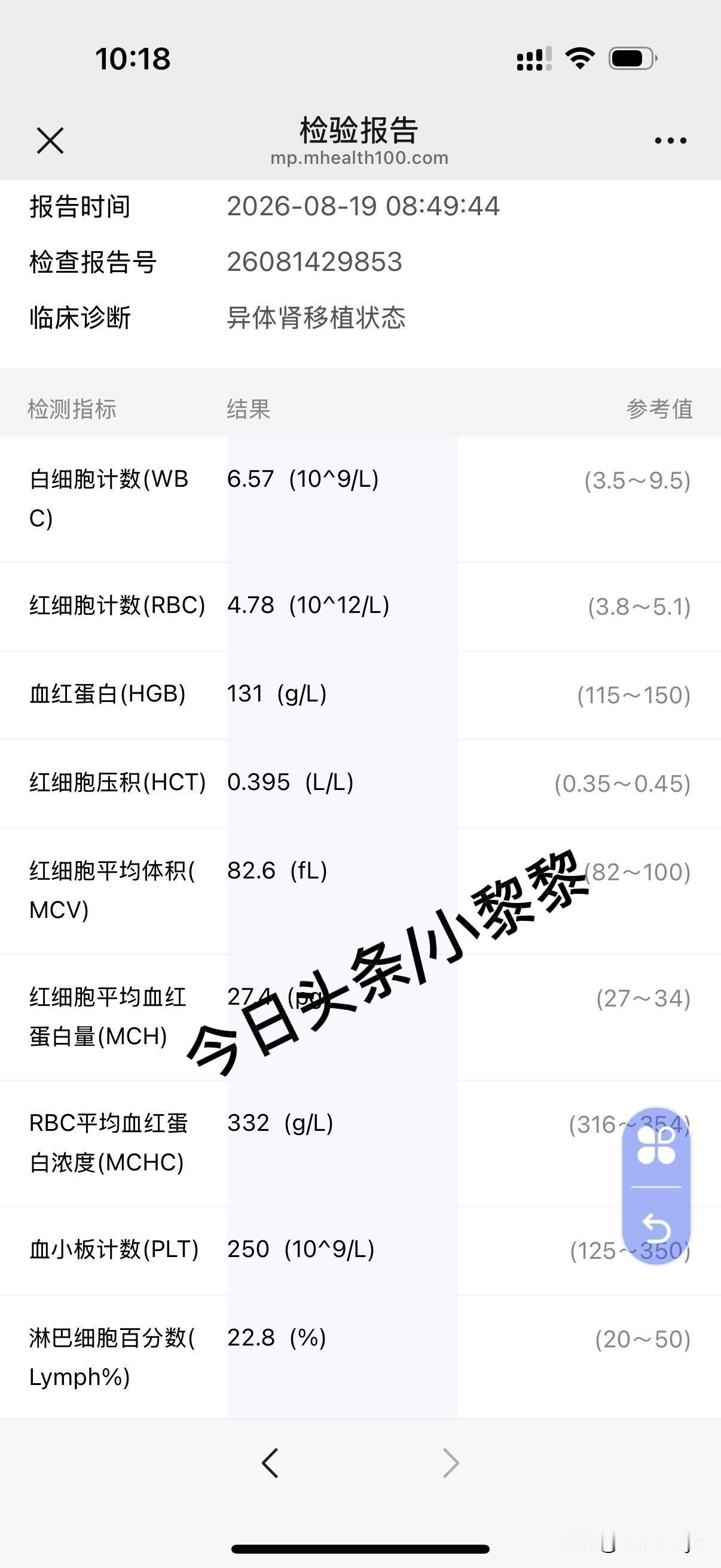 肾移植的第1479天[送自己一朵花]

第一次见如此干净漂亮的检查结果，因为懒因