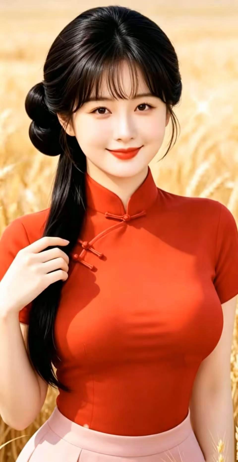 塞鸿秋·麦浪红妆
平川十里金波漾，
薰风漫卷青黄浪。
红裙漫逐晴光亮，
嫣然一笑
