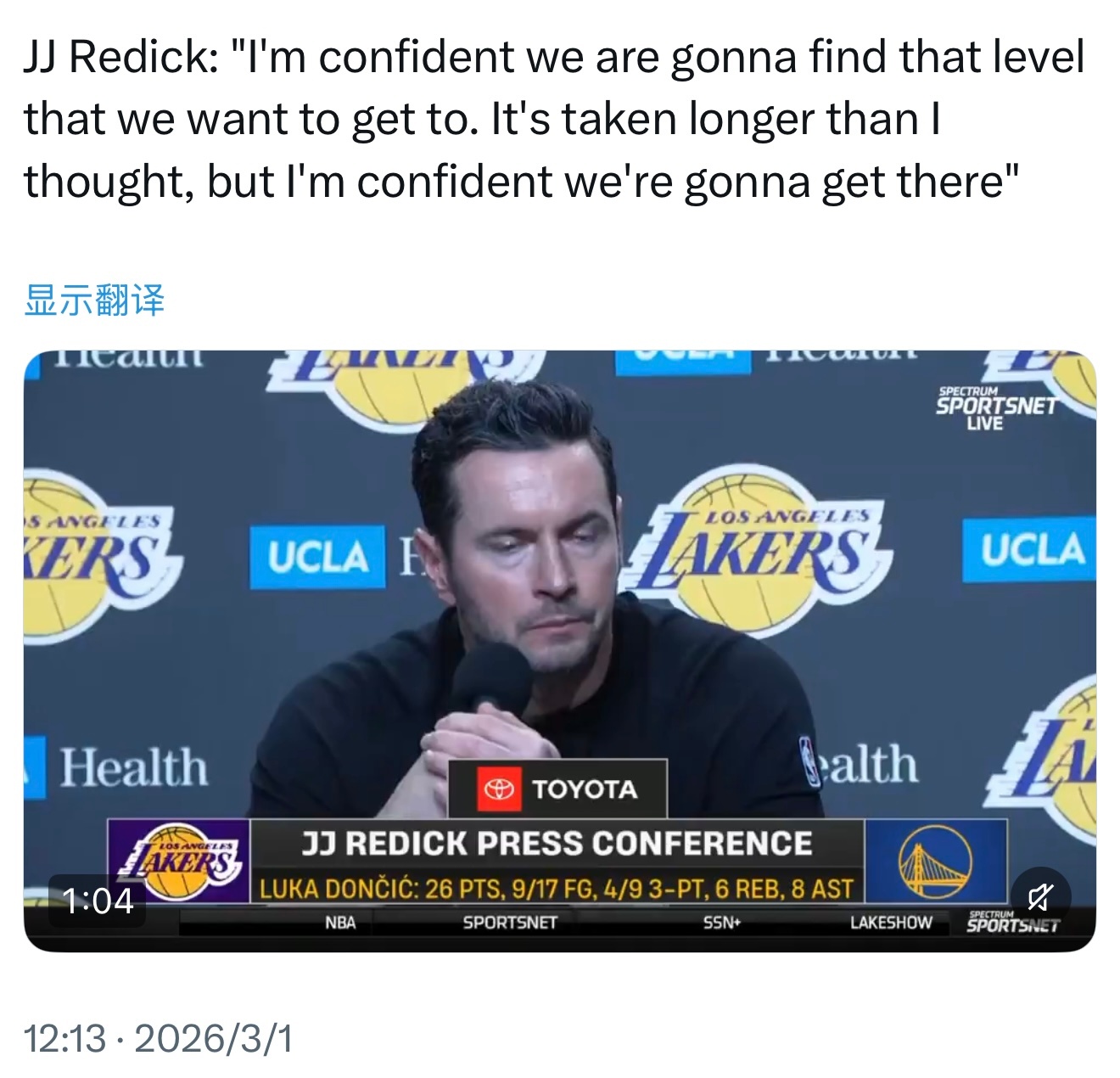 JJ·雷迪克：“我相信我们终将达到我们想要的水平。这比我想象的要花更长时间，但我