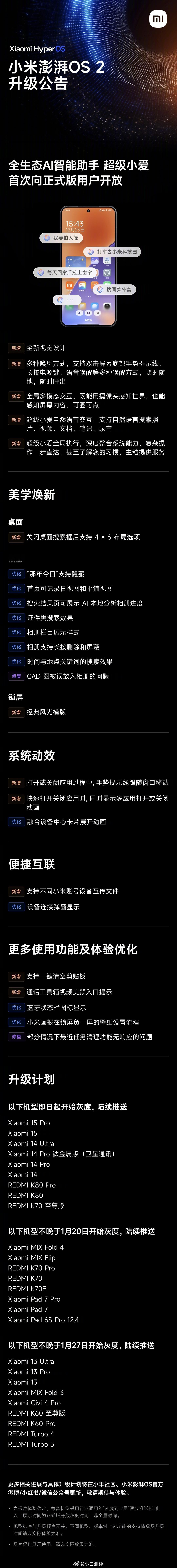 小米澎湃OS2 OTA升级来了超级小爱正式版首次向正式版用户开放小米15系列、小