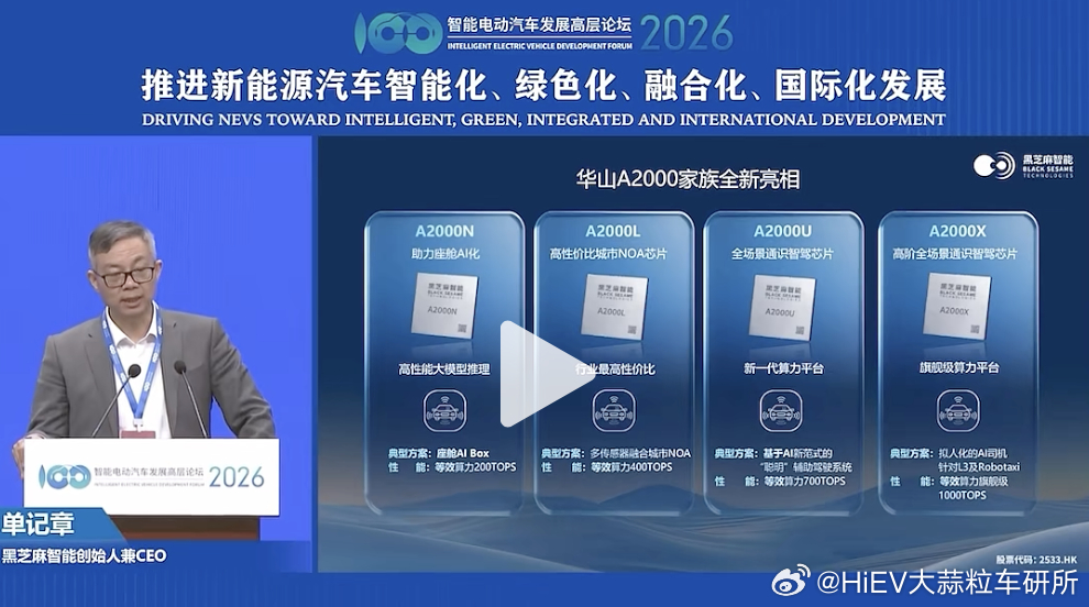 黑芝麻智能华山A2000家族化设计（N/L/U/X），最低200 TOPS算力，